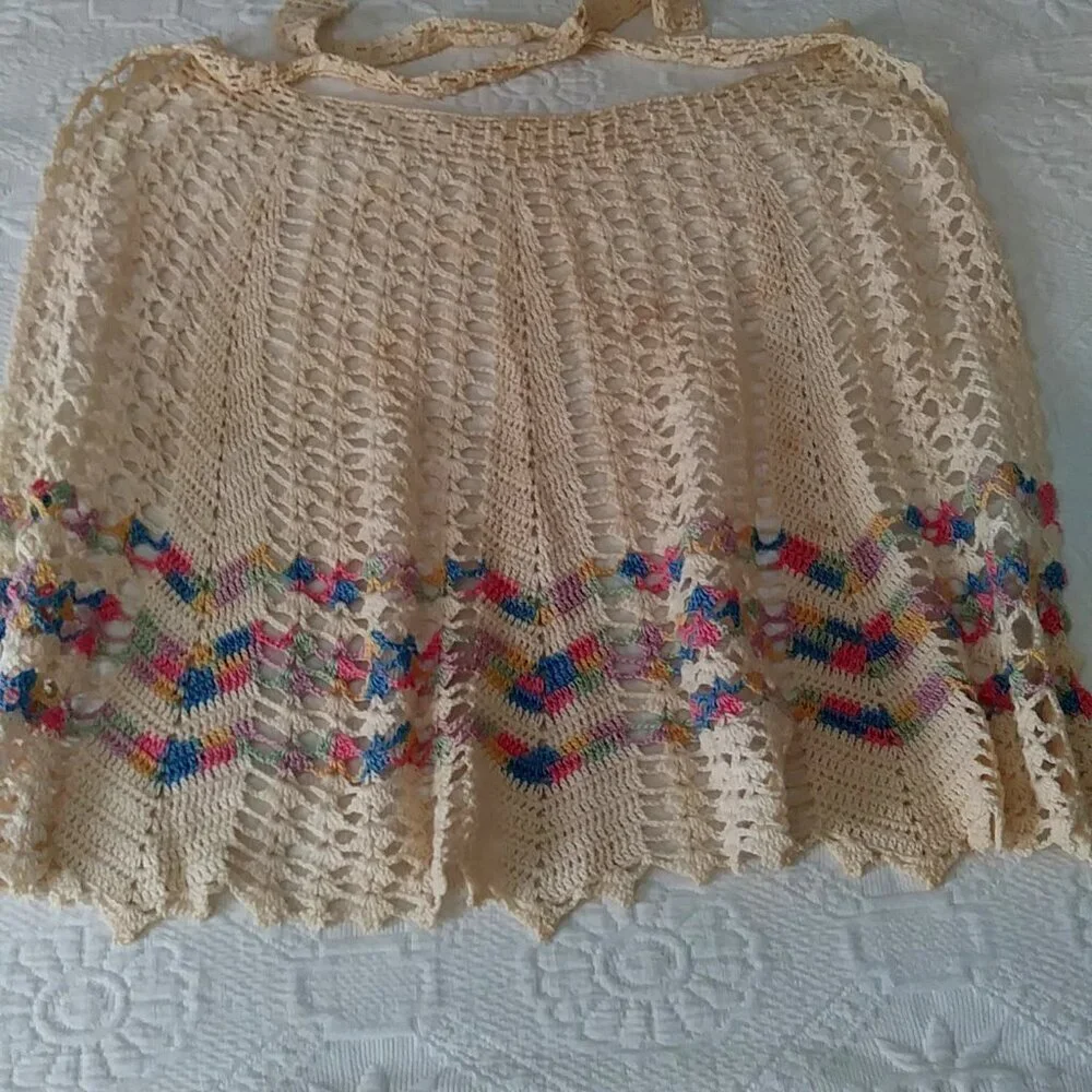 Vintage 1950s Hand Crocheted Hostess Half Aprons - Blue and White and Multicolor